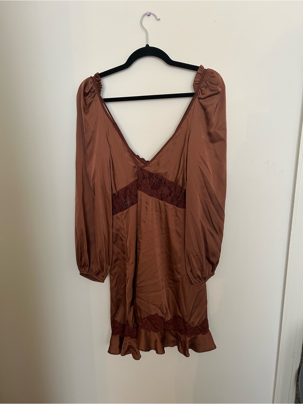 Anthropologie- Satin Lace Trim Dress - Brown - Picture 4 of 5